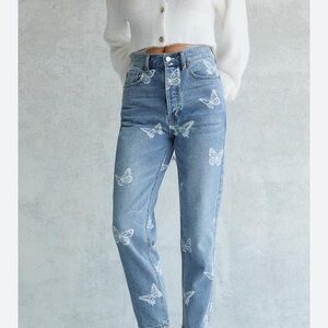 Butterfly Print High-Waisted Jeans